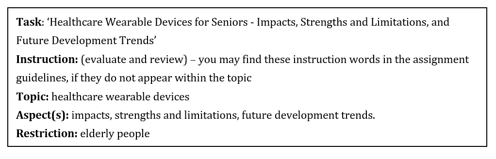 Task: ‘Healthcare Wearable Devices for Seniors - Impacts, Strengths and Limitations, and Future Development Trends’
Instruction: (evaluate and review) – you may find these instruction words in the assignment guidelines, if they do not appear within the topic
Topic: healthcare wearable devices
Aspect(s): impacts, strengths and limitations, future development trends. 
Restriction: elderly people
